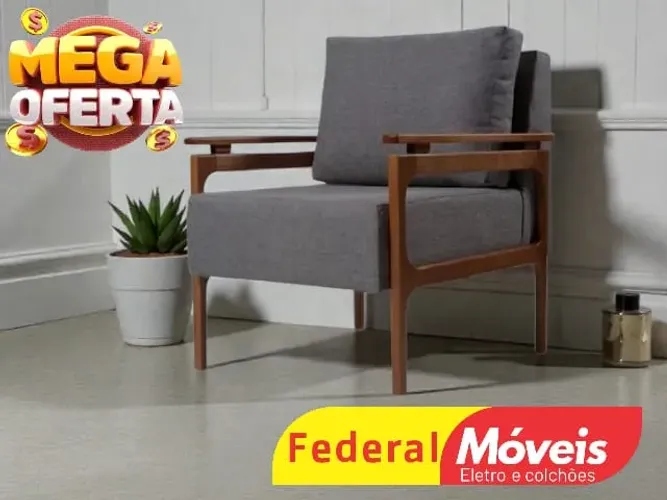 Poltrona Decorar em Linho Bege e Cinza c/ Molas no Assento 
