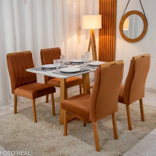 Mesa de Jantar 120×80 4 Cadeiras Genova Veludo Terracota rf87