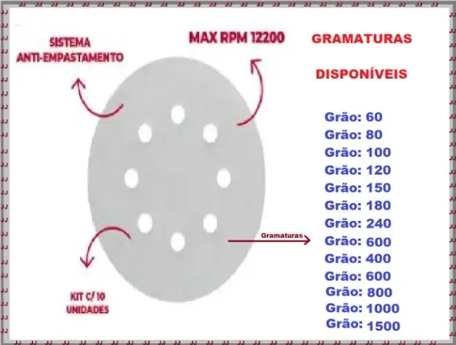 Kit com 10 lixas disco ante empastamento de 7 polegadas 180mm com 8 Furos 
