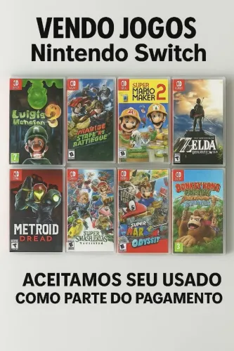 Vendemos jogos Nintendo Switch novos e aceitamos seu usado como parte do pagamento