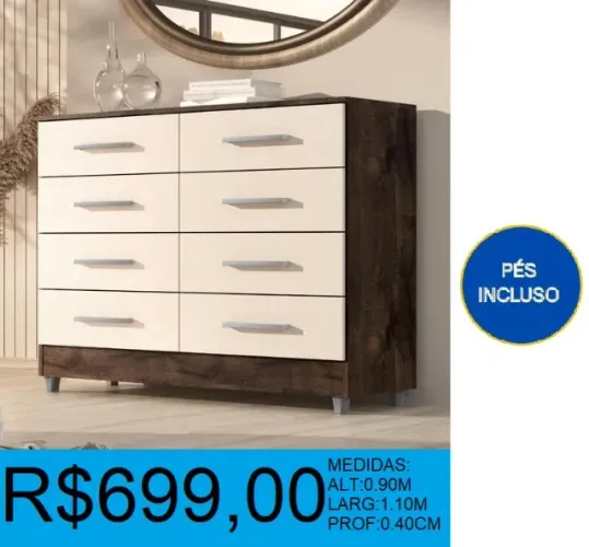 Cômoda 8 gavetas com pés - Design super moderno