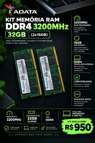 Kit Memória RAM ADATA 32GB (2x16GB) DDR4 3200MHz SO-DIMM