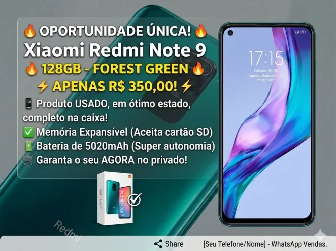  Xiaomi Redmi Note 9 128GB Forest Green - Completo na Caixa