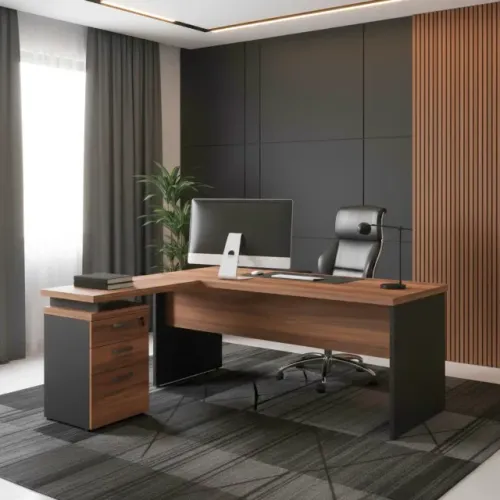 Mesa Em L Para Escritório Com Gaveteiro Design Executivo Nogal Sevilha Preto 21423