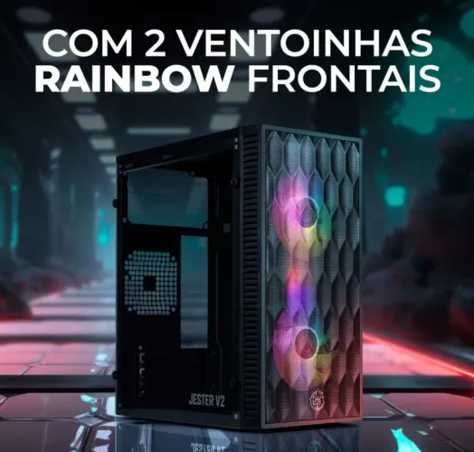 Novo - Gabinete Gamer TGT Jester V2 Rainbow Mini-Tower, Lateral de Acrílico, com 2 Fans.