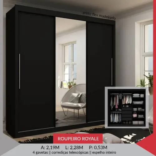 Guarda Roupa Casal Preto 3 portas com espelho