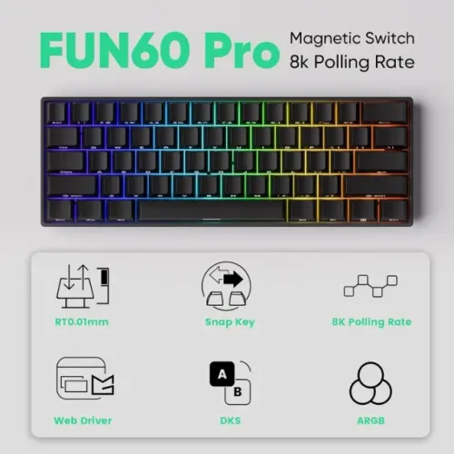 [Novo] Teclado Magnético Akko MonsGeek FUN60 Pro, Black, 8000HZ, Rapid Trigger, 60%, ARGB