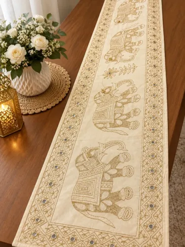 Caminho de Mesa Indiano Bordado com Elefante - Dourado e Bege