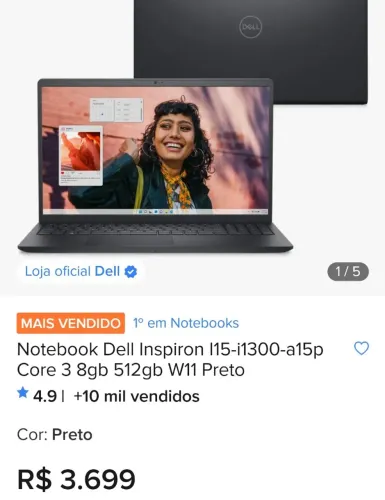 Notebook Dell I15-I1300-A15P Novo lacrado 