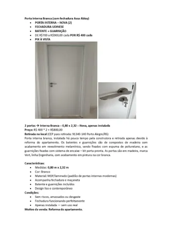 Porta Interna Branca (com fechadura Assa Abloy) - 2 portas
