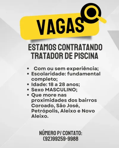Vaga para tratador de piscina 