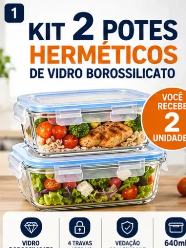 Kit 2 Potes De Vidro Marmita Hermético 640ml 4 Travas
