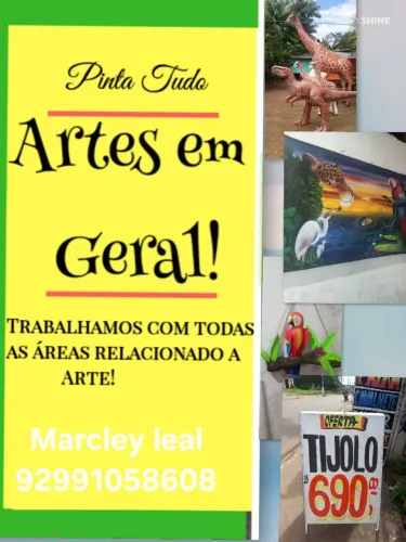 Trabalho com arte em geral, faixas, placas, banner e escultura. Faço paisagem em parede.