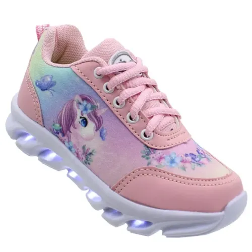 Tênis Infantil Led Feminino KidStar Unicórnio Rosa 013LEDRU