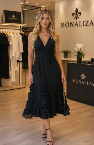 Vestido de Festa Midi Preto - Sereia Elegante Babado - Tam M