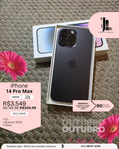IPHONE 14 PRO MAX, 5G, 128GB, CHIP ESIM, ROXO, SEMINOVO , EXCLUSIVO!