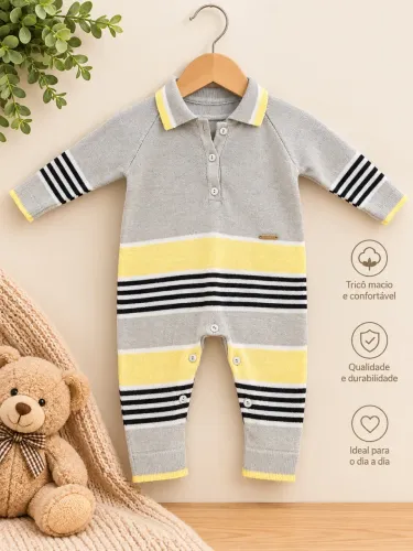 Macacão de tricô cinza, amarelo e branco