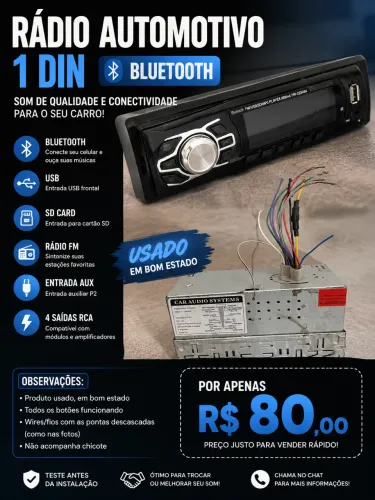 Rádio Automotivo 1 DIN Bluetooth - Usado