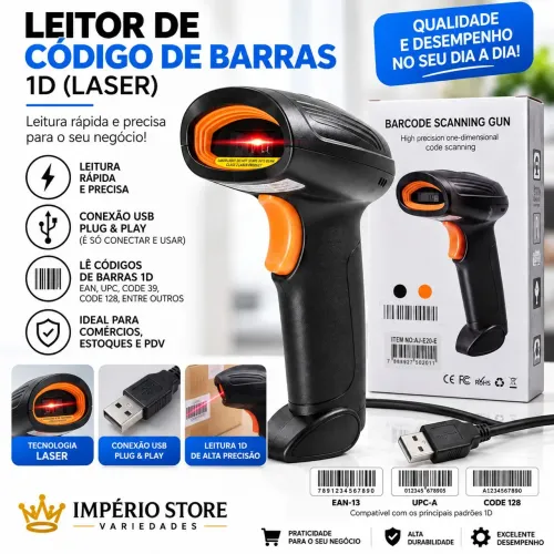 Leitor de Código de Barras Laser 1D USB com Fio - Plug and Play