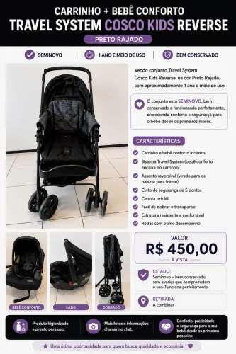 Carrinho + Bebê Conforto Travel System Cosco Kids Reverse - Preto Rajado | Seminovo