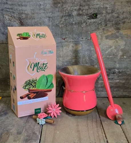 Kit para Chimarrão. Cuia, bomba, biscuit, choker e erva-mate