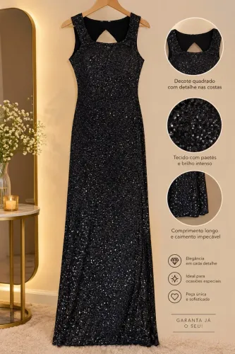 VESTIDO LONGO PRETO COM BRILHO - NOVO COM ETIQUETA