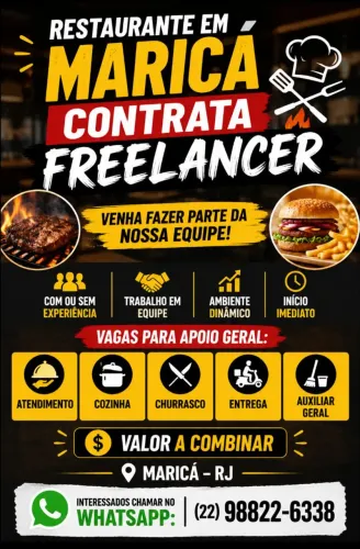 Restaurante em Maricá contrata freelancer finais de semana.