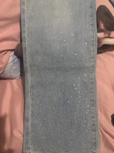 Calça jeans feminina cintura alta com strass brilhantes numeração 37