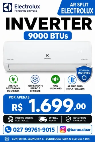 Ar Split Electrolux INVERTER 9000 BTUs + Novo + Nota + Garantia Fábrica+ Cartão 12x