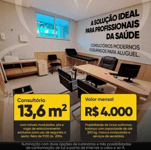 Consultório Médico 13,6 m2, mobiliado, estacionamento interno para profissional e clientes