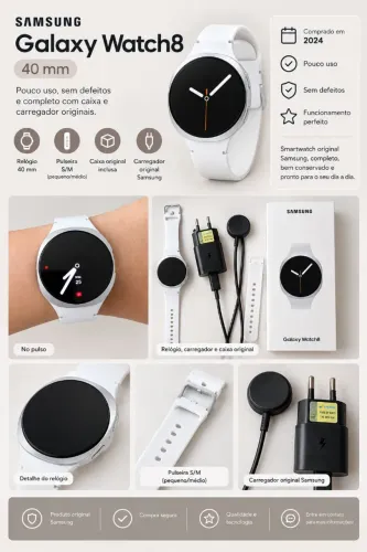 Smart Watch Samsung Galaxy Watch8 40mm pouco uso. Funciona perfeitamente