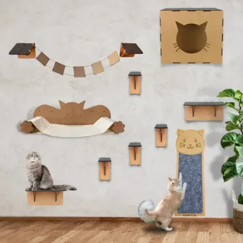 Kit Playground Com Arranhador P/ Gato 11 Peças MDF Cinza Box Fan