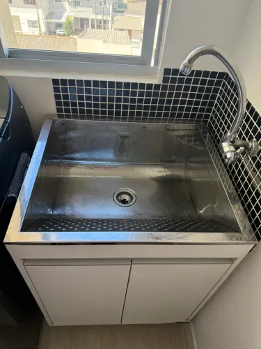 Tanque De Lavanderia Em Inox 46l Com Balcão 2 Portas 100%Mdf