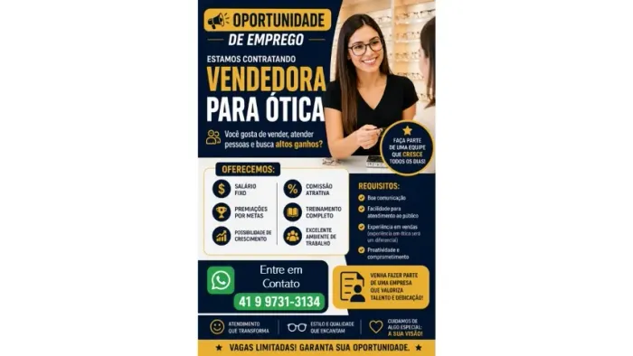 Vagas para vendedora em ótica no Sitio Cercado