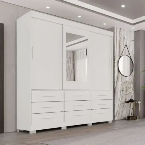 Guarda Roupa New Star 3 Portas C/ Pés e Espelho Branco Sallêto - Entrega Rápida!