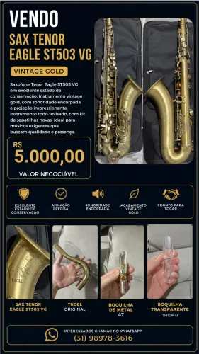 Sax Tenor Eagle ST503 VG Revisado | 2 Boquilhas | Estojo | Kit Limpeza