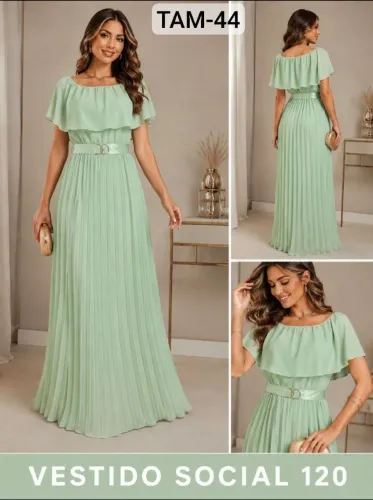 Vestido Longo Verde Plissado Elegante Cintura Marcada Promoção