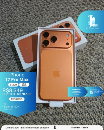 IPHONE 17 PRO MAX, 512GB, CHIP ESIM, SEMINOVO NA GARANTIA, LANÇAMENTO!