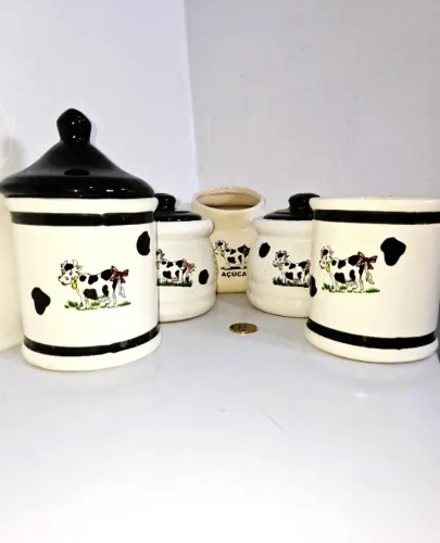  Antigo Conjunto de Potes de Cerâmica decorados (estampa de vaca) para cozinha.