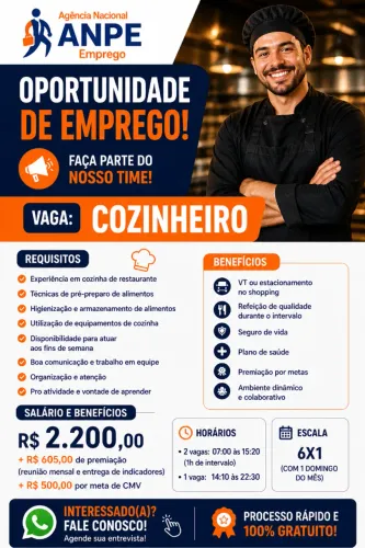 COZINHEIRO COM EXPERIENCIA EM GOIAS