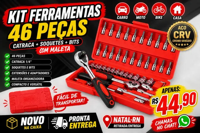Jogo de Soquetes 46 Peças com Catraca + Maleta | Aço CRV