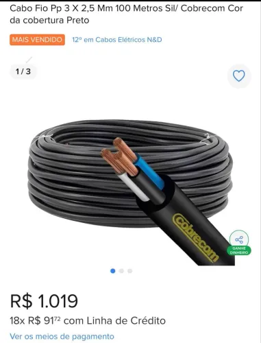 Cabo PP elétrico 2,5 3 vias