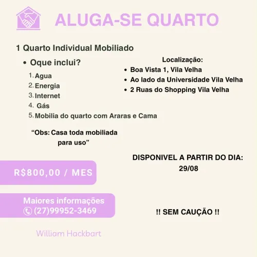 ALUGA-SE QUARTO INDIVIDUAL MOBILIADO - BOA VISTA 1, VILA VELHA