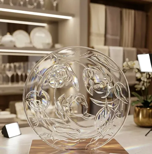 Prato Decorativo de Cristal com Flores em Relevo