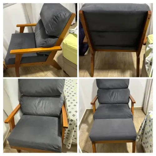 Cadeira tipo poltrona acompanha banqueta para os pés em suede azul marinho perfeita