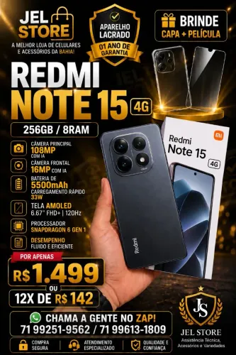 Remi Note 15 256/8 gigas ram, lacrado com Nota fiscal, 01 ano de garantia.