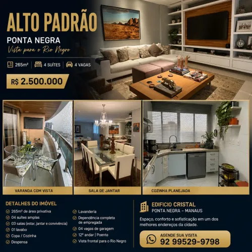 Alto Padrão 265m² | 4 Suítes | Vista Rio Negro | 4 Vagas | Ponta Negra