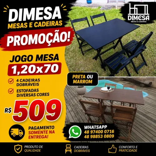 Conjunto 1,20x70 4 cadeiras dobráveis nas cores preto ou imbuia