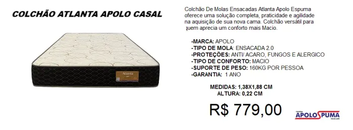Colchão atlanta apolo casal - frete grátis!