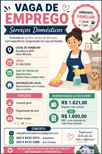 VAGA DE EMPREGO - SERVIÇOS DOMÉSTICOS